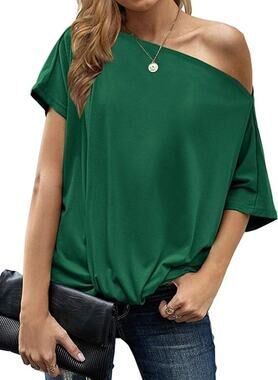 Women’s XXL Green Off Shoulder Short Sleeve Front Twist Knot Top Blouse